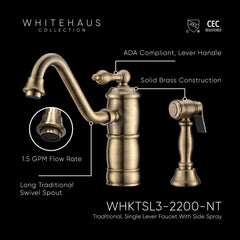 Single-Hole Kitchen Faucet with Side Spray and Lever Handle in Antique Brass