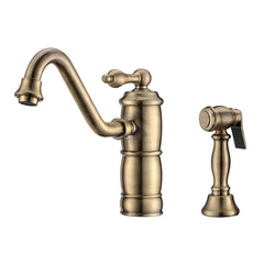 Single-Hole Kitchen Faucet with Side Spray and Lever Handle in Antique Brass
