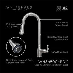 Single Hole Pull-Down Faucet with Gooseneck Swivel Spout in Brushed Stainless Steel