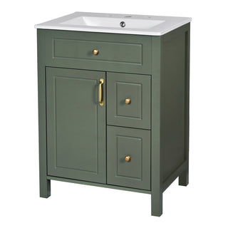 Single Vanity, 24 in W, Green Base with White Top and Gold Hardware
