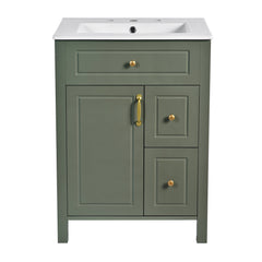 Single Vanity, 24 in W, Green Base with White Top and Gold Hardware