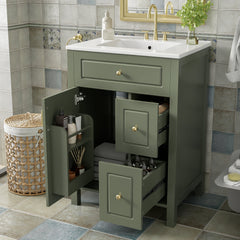 Single Vanity, 24 in W, Green Base with White Top and Gold Hardware