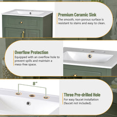 Single Vanity, 24 in W, Green Base with White Top and Gold Hardware