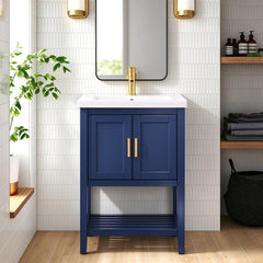 Single Vanity, 24 In Wide, Blue Base with White Ceramic Sink Top