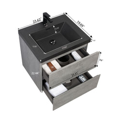 Single Vanity, 24 Inch Wall Mounted, Gray Base with Matte Black Top
