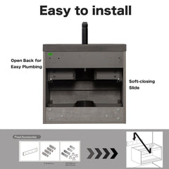 Single Vanity, 24 Inch Wall Mounted, Gray Base with Matte Black Top