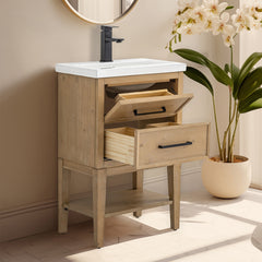 Single Vanity in Fir Wood with Integrated White Ceramic Sink