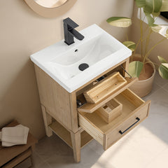 Single Vanity in Fir Wood with Integrated White Ceramic Sink