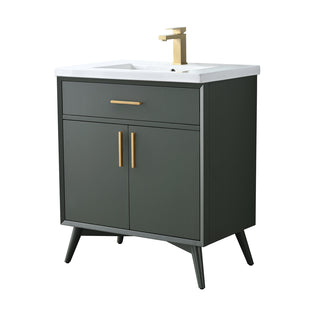 Single Vanity, White Ceramic Top in Vintage Green with Brushed Bronze Hardware