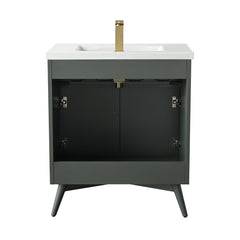 Single Vanity, White Ceramic Top in Vintage Green with Brushed Bronze Hardware