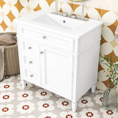 Single Vanity with Drop-In Ceramic Sink in White with Silver Hardware
