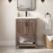Single Vanity with Integrated Ceramic Sink, Brown Spruce Base with White Top