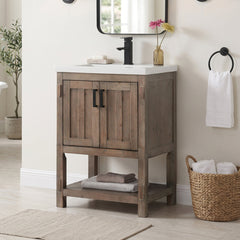 Single Vanity with Integrated Ceramic Sink, Brown Spruce Base with White Top