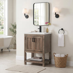 Single Vanity with Integrated Ceramic Sink, Brown Spruce Base with White Top