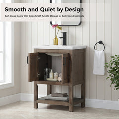 Single Vanity with Integrated Ceramic Sink, Brown Spruce Base with White Top