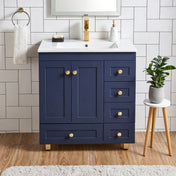Single Vanity with Sink and 5 Drawers, Blue and Gold Base, White Top