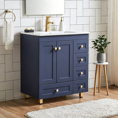 Single Vanity with Sink and 5 Drawers, Blue and Gold Base, White Top