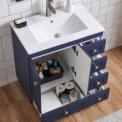Single Vanity with Sink and 5 Drawers, Blue and Gold Base, White Top