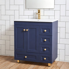 Single Vanity with Sink and 5 Drawers, Blue and Gold Base, White Top