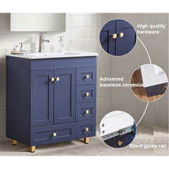 Single Vanity with Sink and 5 Drawers, Blue and Gold Base, White Top