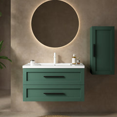 Single Vanity with White Ceramic Sink and 2 Drawers, Wall Mounted, Green