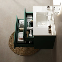 Single Vanity with White Ceramic Sink and 2 Drawers, Wall Mounted, Green