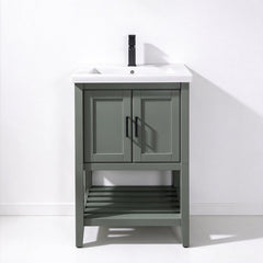 Single Vanity with White Ceramic Top and Undermount Sink in Pewter Green
