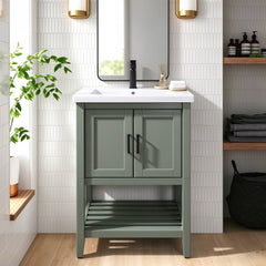 Single Vanity with White Ceramic Top and Undermount Sink in Pewter Green
