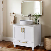 Single Vanity with White Cultured Marble Top and Gold Hardware
