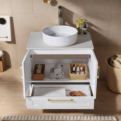 Single Vanity with White Cultured Marble Top and Gold Hardware