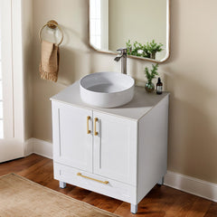 Single Vanity with White Cultured Marble Top and Gold Hardware