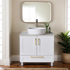 Single Vanity with White Cultured Marble Top and Gold Hardware