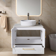 Single Vanity with White Cultured Marble Top and Gold Hardware