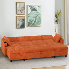 Sleeper Sectional Sofa, U-Shaped, Orange Chenille, Metal Frame