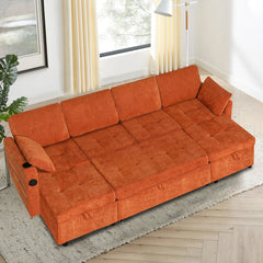 Sleeper Sectional Sofa, U-Shaped, Orange Chenille, Metal Frame