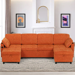 Sleeper Sectional Sofa, U-Shaped, Orange Chenille, Metal Frame