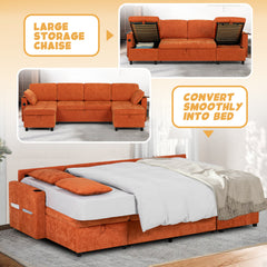 Sleeper Sectional Sofa, U-Shaped, Orange Chenille, Metal Frame
