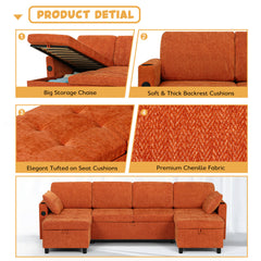 Sleeper Sectional Sofa, U-Shaped, Orange Chenille, Metal Frame