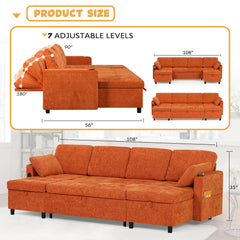 Sleeper Sectional Sofa, U-Shaped, Orange Chenille, Metal Frame