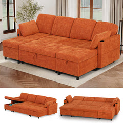 Sleeper Sectional Sofa, U-Shaped, Orange Chenille, Metal Frame