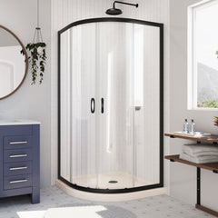Sliding Shower Enclosure with Base, Prime, Semi-Frameless, Round, 36 In, Matte Black