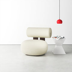 Slipper Chair, Ivory Faux Shearling, Brown Legs
