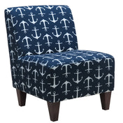 Slipper Chair, Polyester Blend, Navy and White, Brown Legs