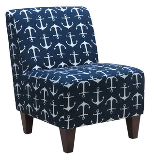 Slipper Chair, Polyester Blend, Navy and White, Brown Legs