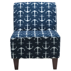 Slipper Chair, Polyester Blend, Navy and White, Brown Legs