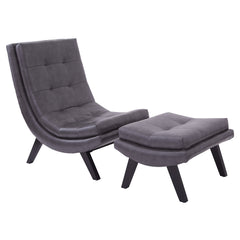 Slipper Chair with Ottoman in Pewter Faux Leather and Black Wood Legs