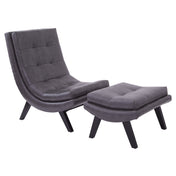 Slipper Chair with Ottoman in Pewter Faux Leather and Black Wood Legs