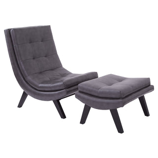 Slipper Chair with Ottoman in Pewter Faux Leather and Black Wood Legs
