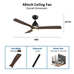 Smart Ceiling Fan, 48 in with 3 Solid Wood Blades in Black
