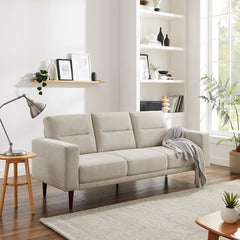 Sofa, 3-Seat, Beige Linen Blend with Black Wood Legs